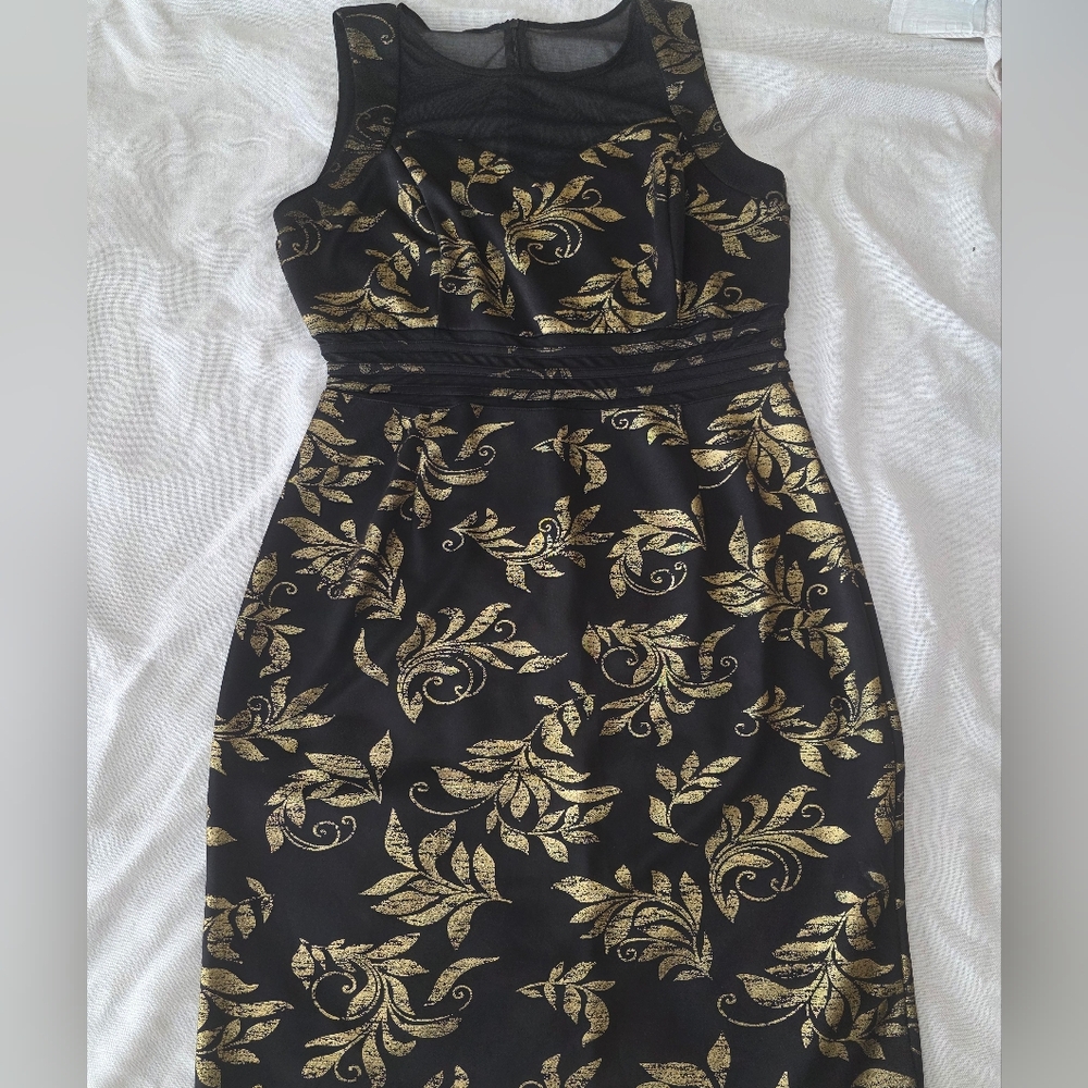 * Enfocus Studio Black W/ Gold Floral Design Dress Midi Mesh Neck‎ & Waist Sz 14